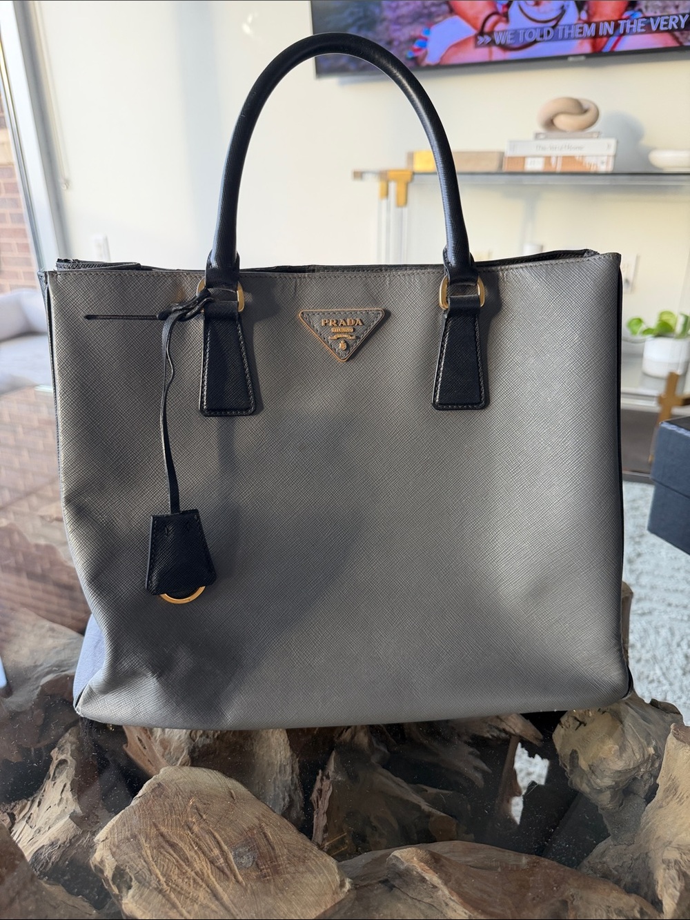 Prada Silver Saffiano Two-toned Tote with Black Trim 100% authentic